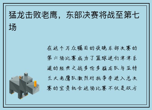 猛龙击败老鹰，东部决赛将战至第七场